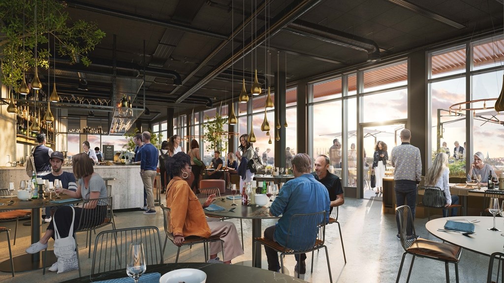 Restaurang i huset med terrass och utsikt över Stockholm